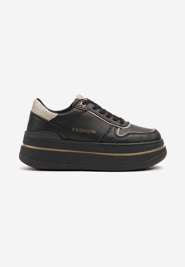 Renee - Czarne Sneakersy na Platformie Ozdobione Brokatem i Napisem Udivoria. Okazja: na co dzień. Kolor: czarny. Materiał: jeans. Wzór: napisy, aplikacja. Obcas: na platformie