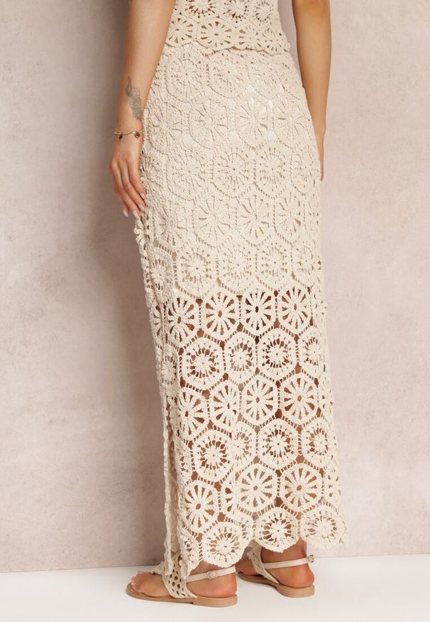 Renee - Beżowa Spódnica Maxi z Szydełkowej Tkaniny Jeslira. Okazja: na co dzień. Kolor: beżowy. Materiał: tkanina. Długość: krótkie. Styl: casual