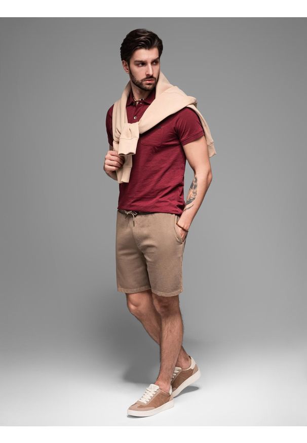 Ombre Clothing - Krótkie spodenki męskie dresowe RELAXED FIT w stylu athleisure – jasnobrązowe V2 OM-SRWS-0122 - XXL. Kolor: brązowy. Materiał: dresówka. Długość: krótkie