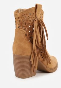 Born2be - Brązowe Botki Kowbojki na Stożkowym Obcasie z Ażurowym Wzorem i Eathetina. Okazja: na co dzień. Kolor: brązowy. Materiał: jeans. Wzór: ażurowy. Obcas: na obcasie. Styl: boho, casual, elegancki. Wysokość obcasa: średni #5