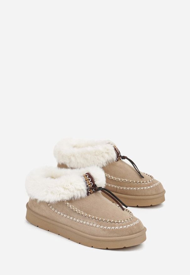 Born2be - Ciemnobeżowe Śniegowce na Grubej Podeszwie z Futerkiem i Przeszciami Linafra. Okazja: na co dzień. Kolor: beżowy. Materiał: futro. Styl: casual, elegancki