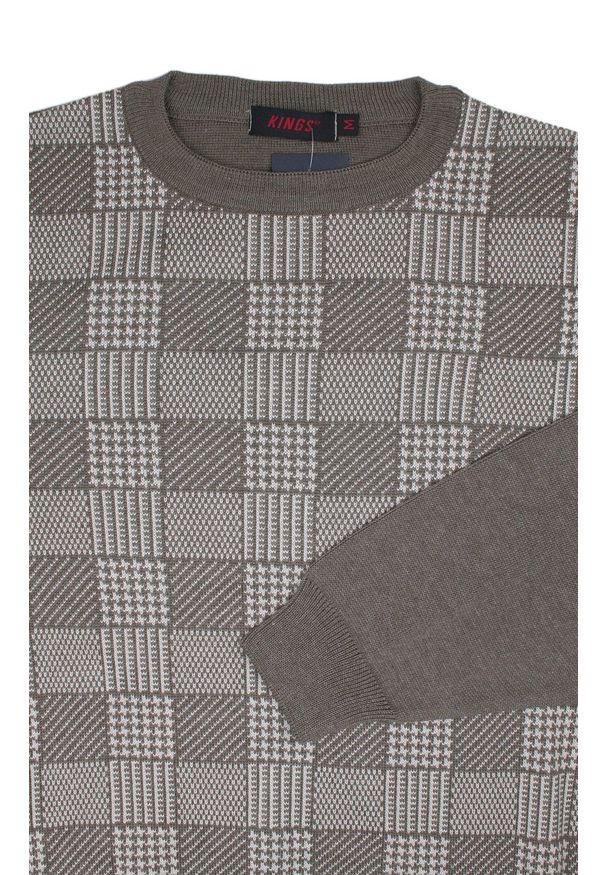 Kings - Sweter Brązowy w Szachownicę, Okrągły Dekolt (U-neck) -KINGS- Męski. Kolor: wielokolorowy, beżowy, brązowy. Materiał: bawełna, akryl. Sezon: zima, jesień. Styl: klasyczny