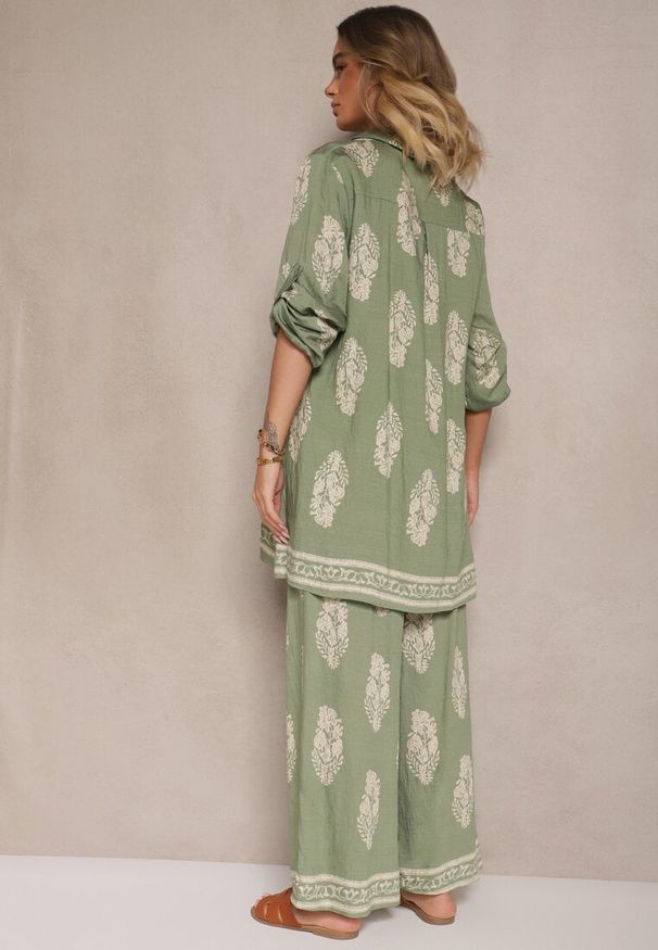 Renee - Zielony Komplet Oversize w Stylu Rustykalnym Długa Koszula i Szerokie Spodnie Mepilara. Kolor: zielony