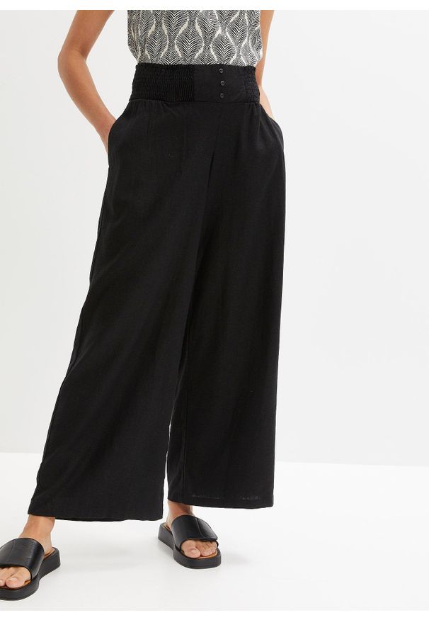 bonprix - Spodnie Marlena z przewiewnej mieszanki lnu. Stan: podwyższony. Kolor: czarny. Materiał: len. Styl: elegancki