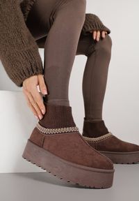 Born2be - Brązowe Śniegowce VICES na Grubej Podeszwie z Haftem i Skarpetkową Cholewką Enantia. Okazja: na co dzień. Kolor: brązowy. Materiał: jeans. Szerokość cholewki: normalna. Wzór: haft. Styl: casual, elegancki #4