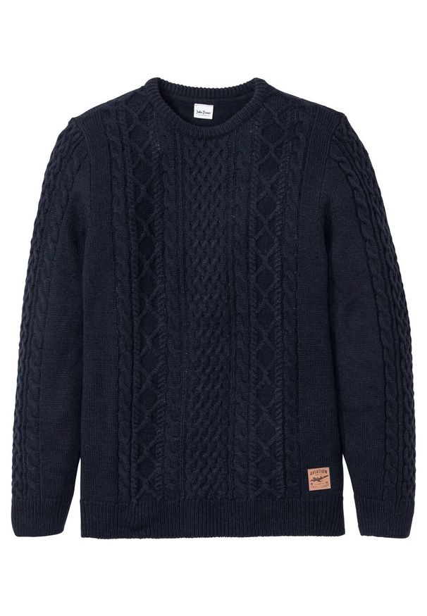 Sweter z dzianinowym wzorem bonprix ciemnoniebieski. Kolor: niebieski. Materiał: materiał, wełna, dzianina, akryl