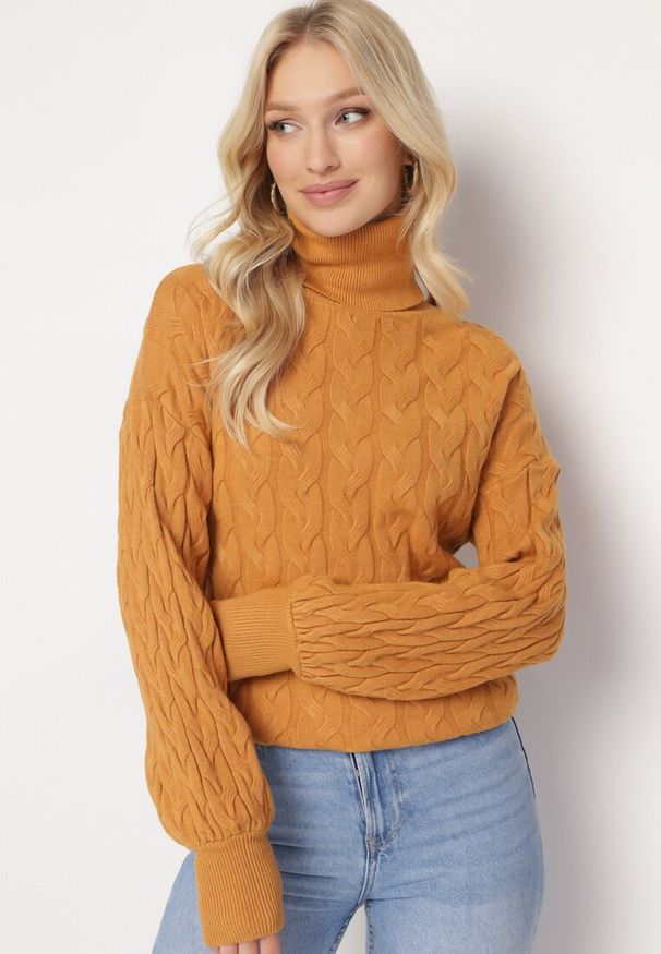 Born2be - Brązowy Sweter z Golfem w Warkoczowy Splot ze Ściągaczami Maraiwai. Typ kołnierza: golf. Kolor: brązowy. Wzór: ze splotem. Sezon: jesień