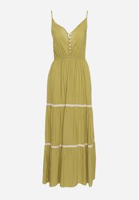 Born2be - Jasnozielona Sukienka na Ramiączkach z Gumką w Pasie Zapinana na Guziki z Falbanką i Haftem Tiamavita. Kolor: zielony. Długość rękawa: na ramiączkach. Wzór: haft. Sezon: lato #2