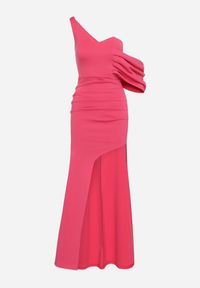 Born2be - Fuksjowa Sukienka Koktajlowa z Asymetryczną Górą i Ozdobnym Marszczeniem Flamelia. Okazja: na co dzień, na imprezę. Kolor: różowy. Typ sukienki: asymetryczne. Styl: wizytowy #4
