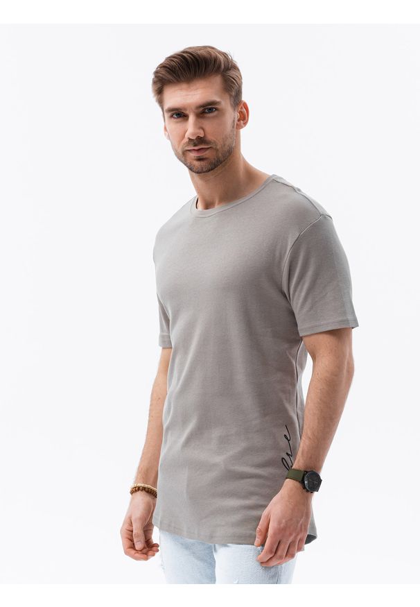 Ombre Clothing - T-shirt męski bawełniany z nadrukiem S1387 - popielaty - XXL. Kolor: szary. Materiał: bawełna. Wzór: nadruk