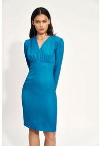 Nife - Wizytowa sukienka z Długim Rękawem - Niebieska. Kolor: niebieski. Materiał: elastan, poliester. Długość rękawa: długi rękaw. Styl: wizytowy