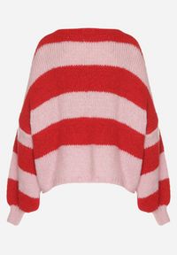 Born2be - Czerwony Wiązany Kardigan Oversize w Paski z Dodatkiem Wełny i Wiskozy Retire. Kolor: czerwony. Materiał: wełna, wiskoza. Wzór: paski #4