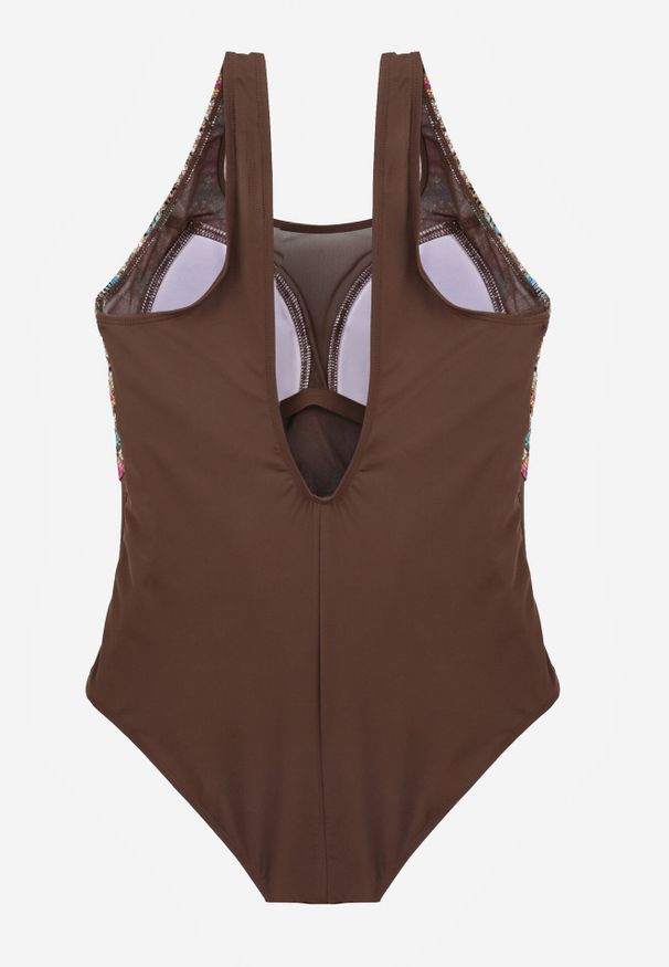 Born2be - Brązowy Kopertowy Strój Kąpielowy Jednoczęściowy z Siateczką i Paskiem Raera. Kolor: brązowy. Materiał: len