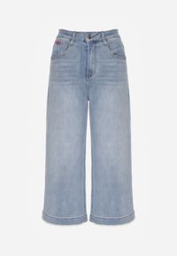 Born2be - Niebieskie Jeansy Kuloty z Bawełną o Szerokim Kroju z Wysokim Stanem i Perełkami Kharope. Okazja: na co dzień. Stan: podwyższony. Kolor: niebieski. Styl: casual, elegancki, boho #3