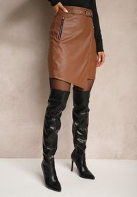 Renee - Brązowa Spódnica z Wiskozą o Asymetrycznym Kroju z Imitacji Skóry z Paskiem Zenezi. Kolor: brązowy. Materiał: skóra, wiskoza. Styl: elegancki #3