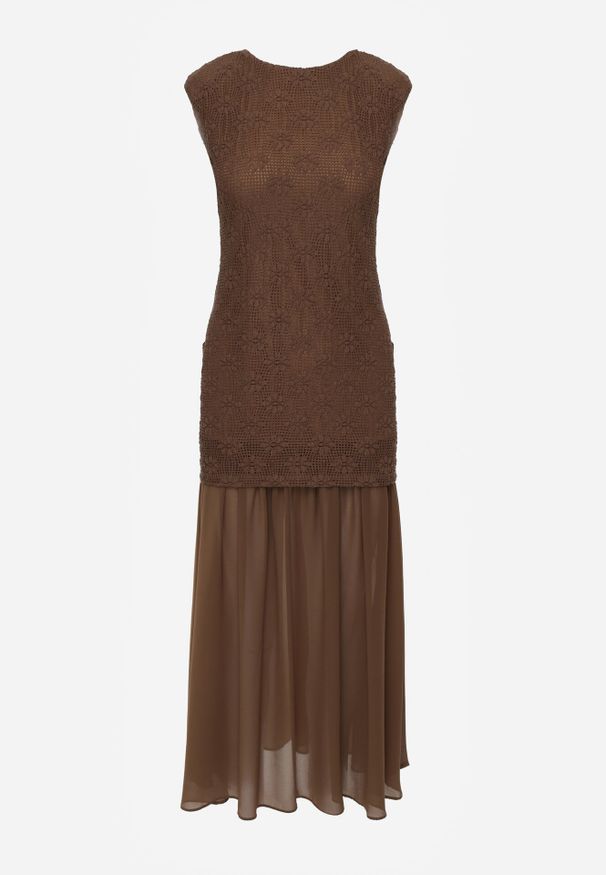 Born2be - Brązowa Sukienka Ażurowa z Usztywnioną Linią Ramion i Przezroczystym Dołem Semiriel. Kolor: brązowy. Materiał: zamsz. Wzór: ażurowy. Styl: elegancki, klasyczny