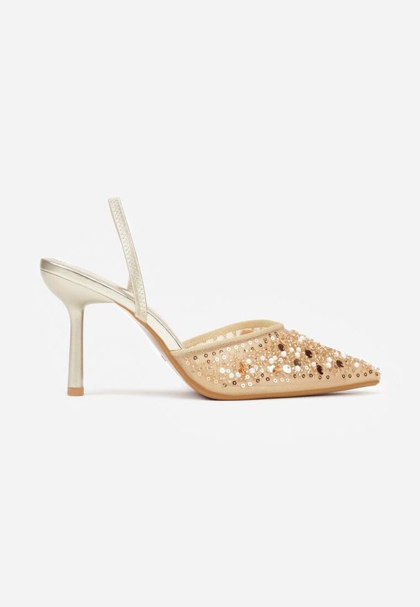 Renee - Złote Szpilki Slingback Zdobione Perełkami i Cekinami Irifera. Okazja: na co dzień, na studniówkę. Zapięcie: bez zapięcia. Kolor: złoty. Materiał: jeans, satyna. Wzór: aplikacja. Obcas: na szpilce. Styl: elegancki, casual