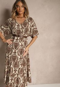 Renee - Brązowa Sukienka z Bawełną i Abstrakcyjnym Motywem Filarella. Okazja: na co dzień. Kolor: brązowy. Materiał: bawełna. Długość rękawa: krótki rękaw. Sezon: lato. Styl: elegancki, casual #3
