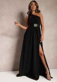 Renee - Czarna Asymetryczna Sukienka Rozkloszowana Maxi Adavia. Kolor: czarny. Materiał: tkanina. Typ sukienki: asymetryczne. Długość: maxi #5