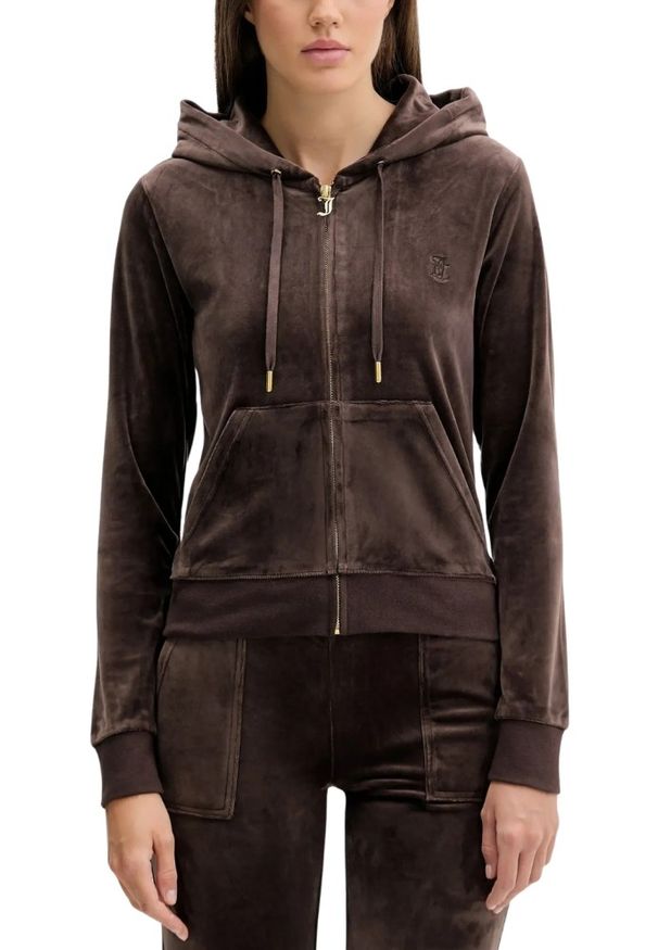 Juicy Couture - JUICY COUTURE Czekoladowa bluza damska Robertson Hoodie, Rozmiar L. Okazja: na co dzień. Kolor: brązowy. Materiał: materiał. Styl: klasyczny, casual