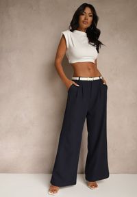 Renee - Granatowe Spodnie o Szerokim Kroju High Waist Dolarenna. Okazja: na co dzień. Stan: podwyższony. Kolor: niebieski. Styl: elegancki, casual