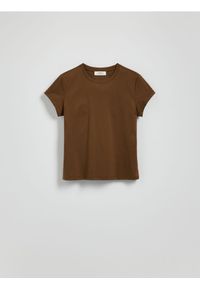 Reserved - T-shirt z domieszką jedwabiu - brązowy. Kolor: brązowy. Materiał: jedwab