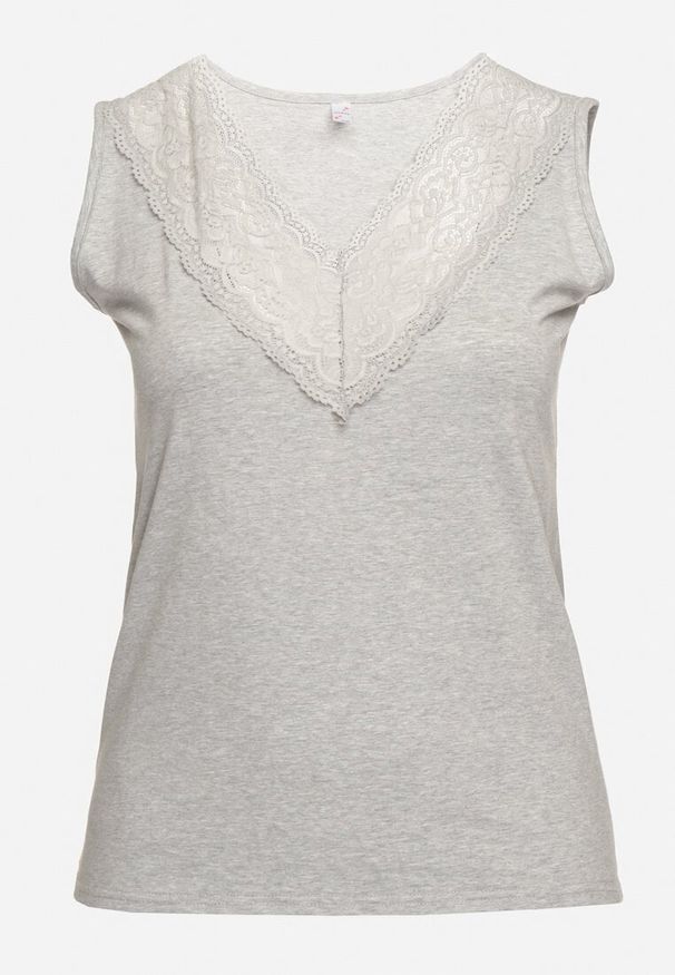 Born2be - Szary Bawełniany Top Koszulka bez Rękawów z Haftem przy Dekolcie Testa. Okazja: na co dzień. Typ kołnierza: golf. Kolekcja: plus size. Kolor: szary. Materiał: bawełna. Długość rękawa: bez rękawów. Wzór: haft. Styl: wizytowy, casual, elegancki