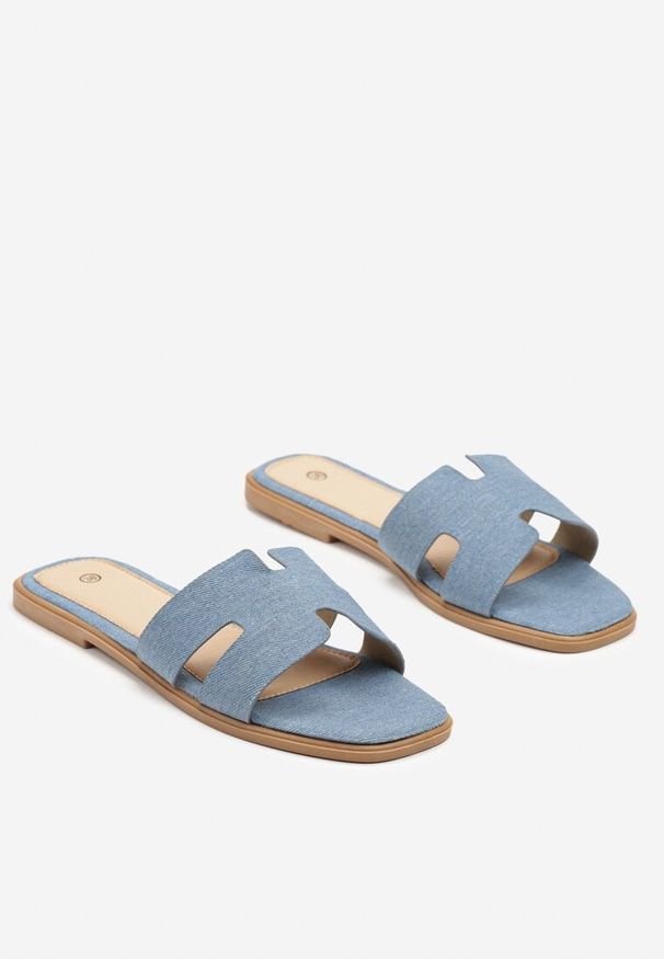 Renee - Niebieskie Klapki Ozdobione Wycięciami Alinntia. Okazja: na co dzień. Kolor: niebieski. Wzór: aplikacja. Obcas: na obcasie. Styl: elegancki, casual. Wysokość obcasa: niski