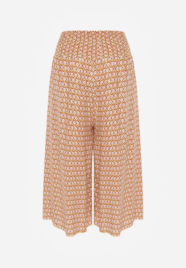 Renee - Żółto-Pomarańczowe Szerokie Spodnie z Wiskozy z Marszczoną Gumką w Talii Mellody. Kolor: żółty. Materiał: wiskoza. Styl: boho