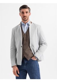 Ombre Clothing - Męska melanżowa marynarka z dodatkiem rayonu ze stójką – szary melanż V4 - Rozmiar: XXL. Okazja: na co dzień. Typ kołnierza: kołnierzyk stójkowy. Kolor: szary. Materiał: tkanina, skóra, zamsz, poliester, materiał. Wzór: melanż. Styl: klasyczny, casual #4