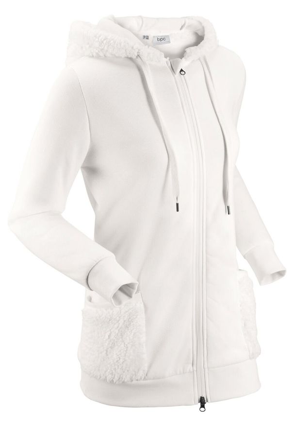 Bluza rozpinana z polaru baranka bonprix biel wełny. Typ kołnierza: kaptur. Kolor: biały. Materiał: wełna, polar