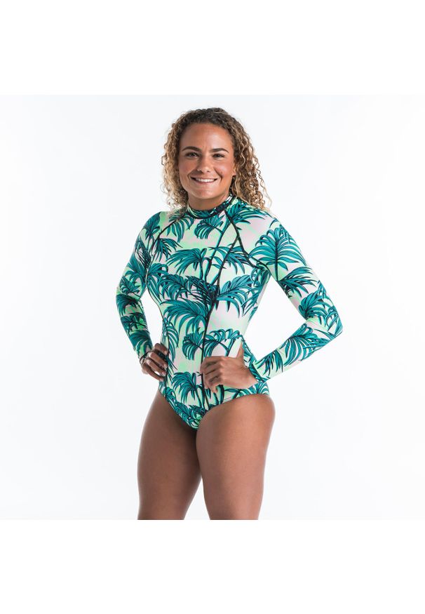 OLAIAN - Kostium kąpielowy jednoczęściowy surfingowy damski Olaian Dani Presana długi rękaw. Kolor: niebieski. Materiał: elastan, poliester, materiał. Długość: długie