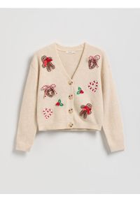Reserved - Świąteczny kardigan - kremowy. Kolor: kremowy. Materiał: dzianina. Styl: wizytowy #1