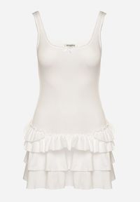 Born2be - Biała Sukienka z Wiskozą Ozdobiona Falbankami Ovinia. Okazja: na co dzień. Typ kołnierza: kołnierz z falbankami. Kolor: biały. Materiał: wiskoza. Długość rękawa: na ramiączkach. Wzór: aplikacja. Styl: casual #6