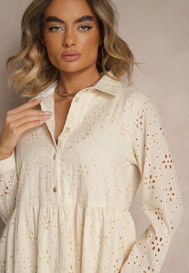 Renee - Beżowa Haftowana Sukienka z Bawełny Folisse. Kolor: beżowy. Materiał: bawełna. Wzór: haft. Styl: elegancki