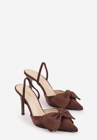 Born2be - Brązowe Satynowe Szpilki z Odkrytą Piętą i Ozdobną Kokardą Argatea. Okazja: na co dzień, na spotkanie biznesowe, na ślub cywilny, do pracy, na wesele, na imprezę. Kolor: brązowy. Materiał: satyna. Obcas: na szpilce. Styl: casual, biznesowy, elegancki, klasyczny #6