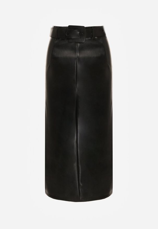 Born2be - Czarna Spódnica Ołówkowa z Imitacji Skóry z Paskiem z Dużą Klamrą Rewedia. Okazja: na co dzień, do pracy, na spotkanie biznesowe. Kolor: czarny. Materiał: skóra. Styl: biznesowy, klasyczny, casual