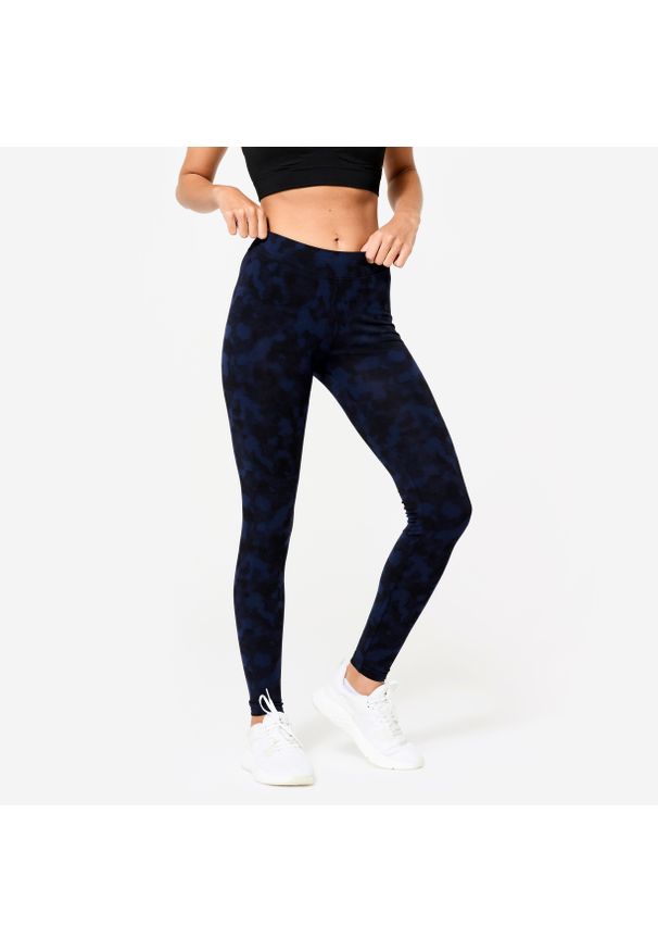 DOMYOS - Legginsy fitness damskie Domyos. Kolor: niebieski. Materiał: materiał, elastan, bawełna. Długość: długie. Sport: fitness