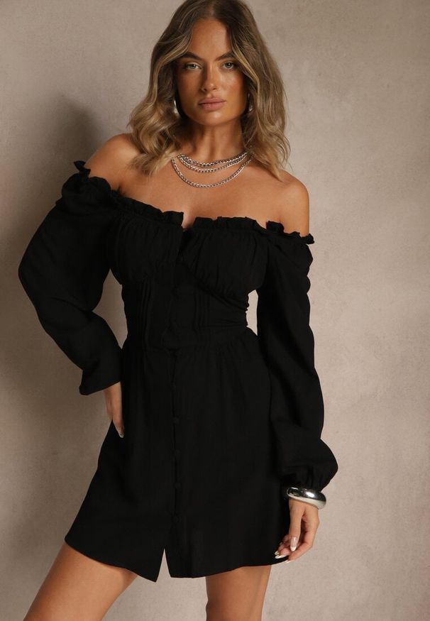 Renee - Czarna Gorsetowa Sukienka Hiszpanka Vices z Guzikami i Bufiastymi Rękawami Resena. Typ kołnierza: dekolt gorset, dekolt hiszpanka. Kolor: czarny. Materiał: skóra, bawełna. Typ sukienki: gorsetowe