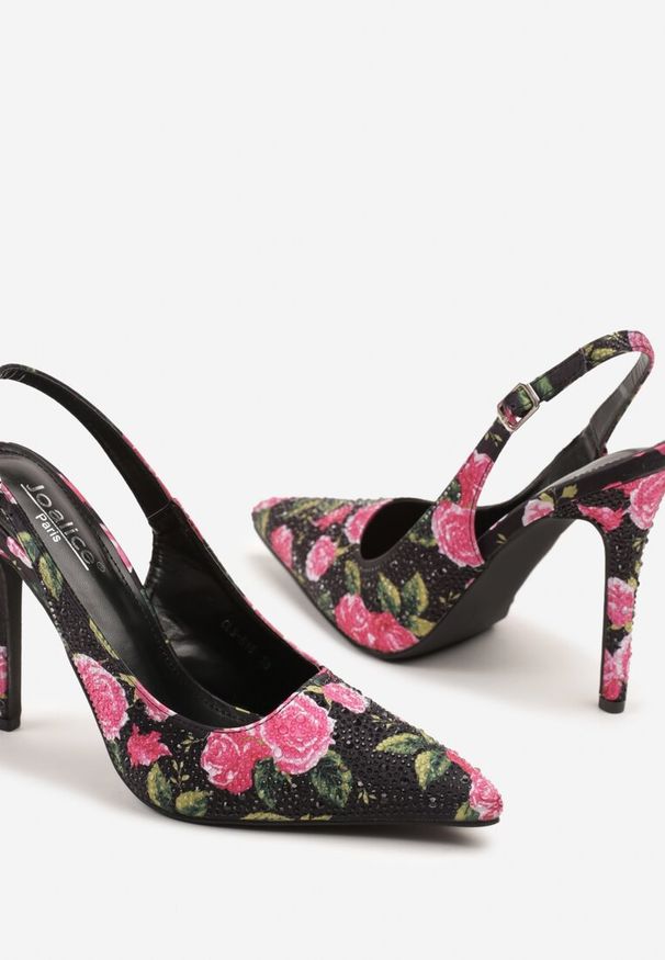Renee - Czarne Sandały na Szpilce z Odkrytą Piętą w Kwiatowy Print Negloria. Okazja: na co dzień. Zapięcie: pasek. Kolor: czarny. Materiał: jeans. Wzór: kwiaty, nadruk. Obcas: na szpilce. Styl: elegancki, casual