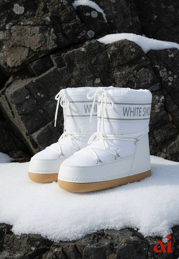 Renee - Białe Ocieplone Śniegowce Wsuwane z Ozdobnym Napisem i Sznurowaniem Nalissa. Zapięcie: bez zapięcia. Kolor: biały. Wzór: napisy