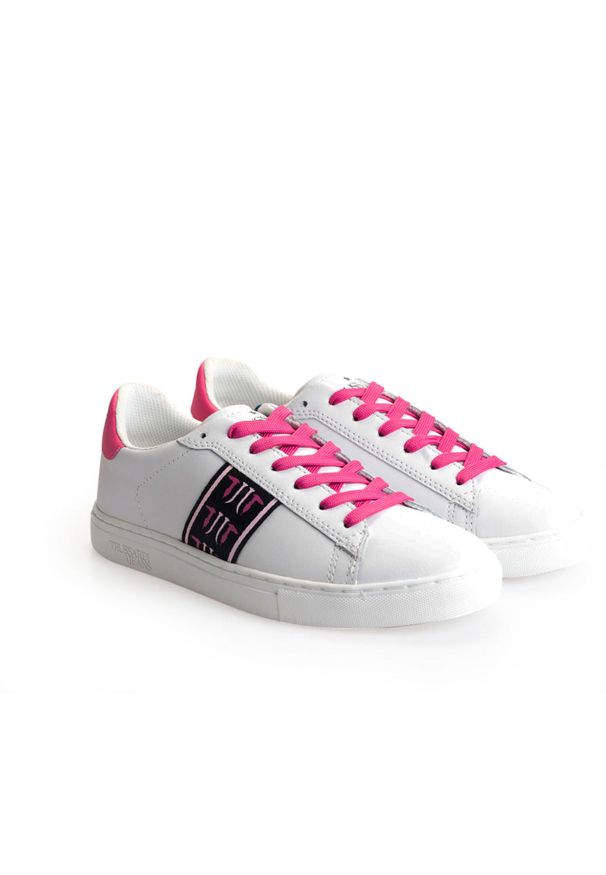 Trussardi Jeans Sneakersy | 79A00331 | Kobieta | Biały, Różowy. Nosek buta: okrągły. Kolor: różowy, wielokolorowy, biały. Materiał: skóra ekologiczna. Wzór: nadruk, aplikacja