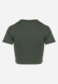 Born2be - Ciemnozielony T-shirt Crop Top Ozdobiony Literką Koliviela. Okazja: na co dzień. Kolor: zielony. Materiał: jeans. Długość: krótkie. Wzór: aplikacja. Styl: casual, elegancki