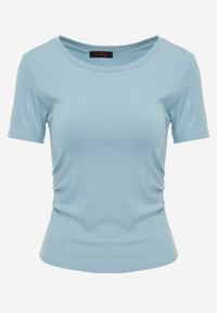 Born2be - Jasnoniebieski Prążkowany T-shirt Ozdobiony po Bokach Marszczeniem Nedisa. Okazja: na co dzień. Kolor: niebieski. Materiał: prążkowany. Wzór: aplikacja. Styl: casual #2