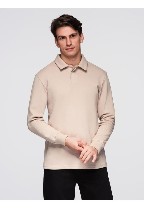Ombre Clothing - Bluza męska z kołnierzykiem polo ze strukturalnej dzianiny - beżowa V2 - Rozmiar: M. Typ kołnierza: polo. Kolor: beżowy. Materiał: dzianina