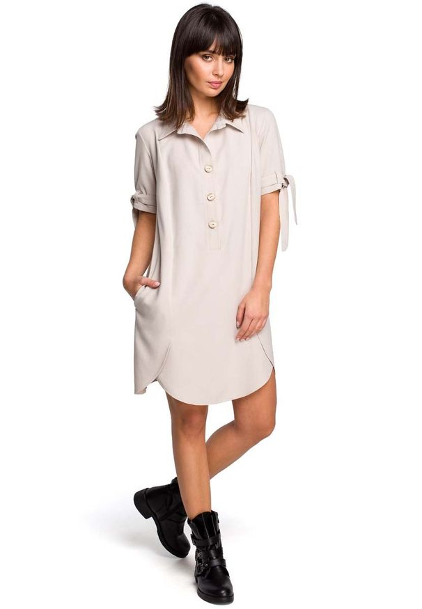 MOE - Beżowa Koszulowa Sukienka Tunika z Wiązaniem na Rękawach. Kolor: beżowy. Materiał: len, poliester. Typ sukienki: koszulowe