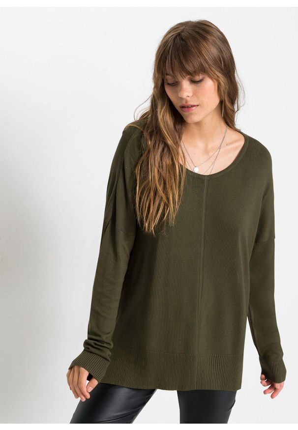 bonprix - Sweter dzianinowy oversize z mieszanki wiskozy. Kolor: zielony. Materiał: dzianina, wiskoza, materiał. Długość rękawa: długi rękaw. Długość: długie