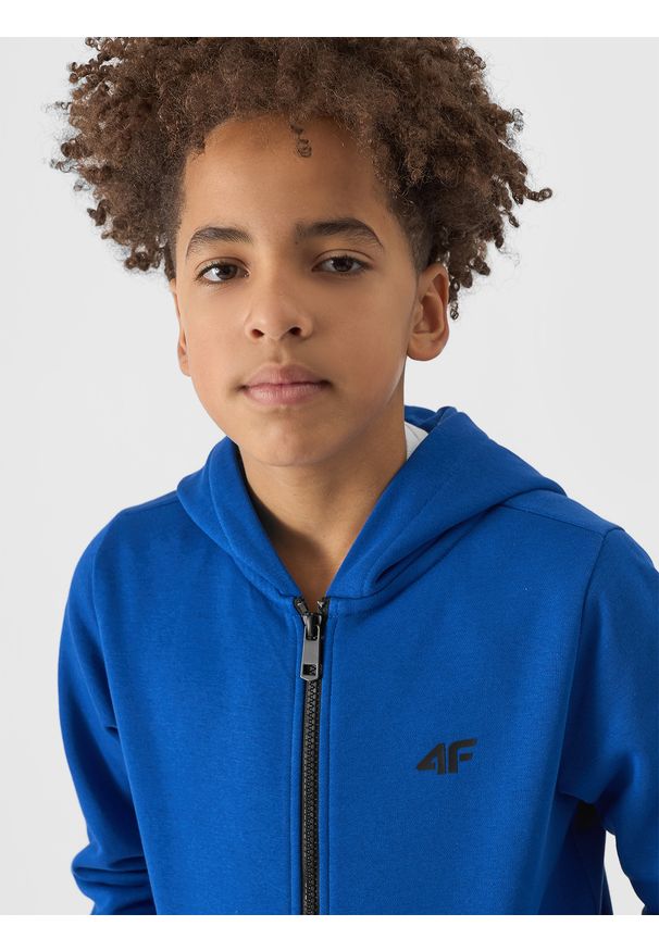 4f - 4F Bluza dresowa rozpinana z kapturem chłopięca - niebieska 152 (11-12 lat). Okazja: na co dzień. Typ kołnierza: kaptur. Kolor: niebieski. Materiał: dresówka. Wzór: gładki, ze splotem. Sezon: lato. Styl: casual, sportowy