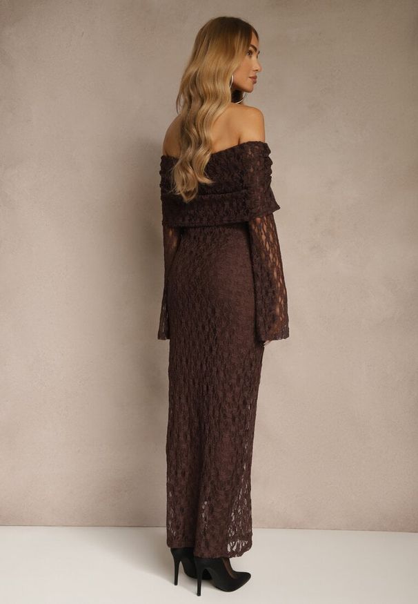 Renee - Brązowa Koronkowa Sukienka Koktajlowa z Odkrytymi Ramionami Eperria. Kolor: brązowy. Materiał: koronka. Typ sukienki: z odkrytymi ramionami. Styl: wizytowy. Długość: midi