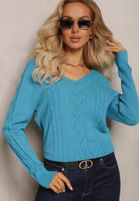Renee - Niebieski Sweter ze Splotem w Warkocze i Dekoltem V Khara. Kolor: niebieski. Wzór: ze splotem. Sezon: jesień, zima #2